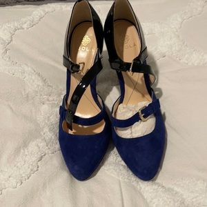 Suede and patent leather heels